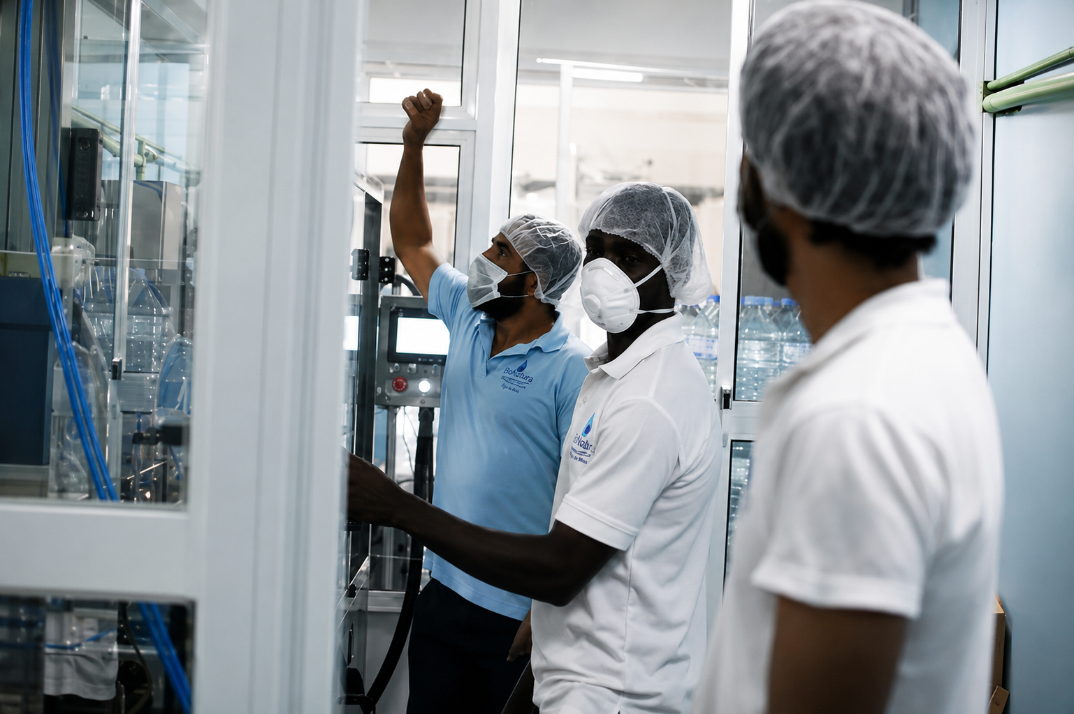Linha de produção da fábrica da Água Bonatura em Cabo Verde